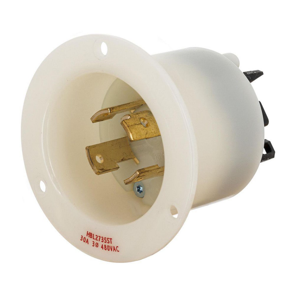 Locking Devices, Twist-Lock, Industrial, Insulgrip Flanged Inlet, 30A 3-Phase Delta 480V AC, 3-Pole 4-Wire Grounding, L16-30P, Spring Terminal, White.