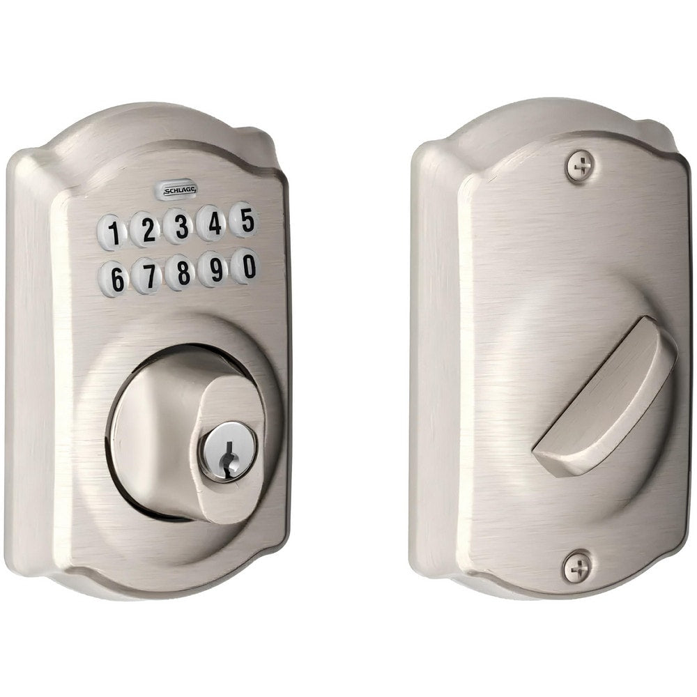 Deadbolts; Deadbolt Type: Electric Bolt; Lock Type: Combination Entry with Key Override; Key Type: Key Codeable; Mount Type: Through Hole; Material: Zinc; Minimum Door Thickness: 1.375 in; Maximum Door Thickness: 1.75; Finish: Satin Nickel