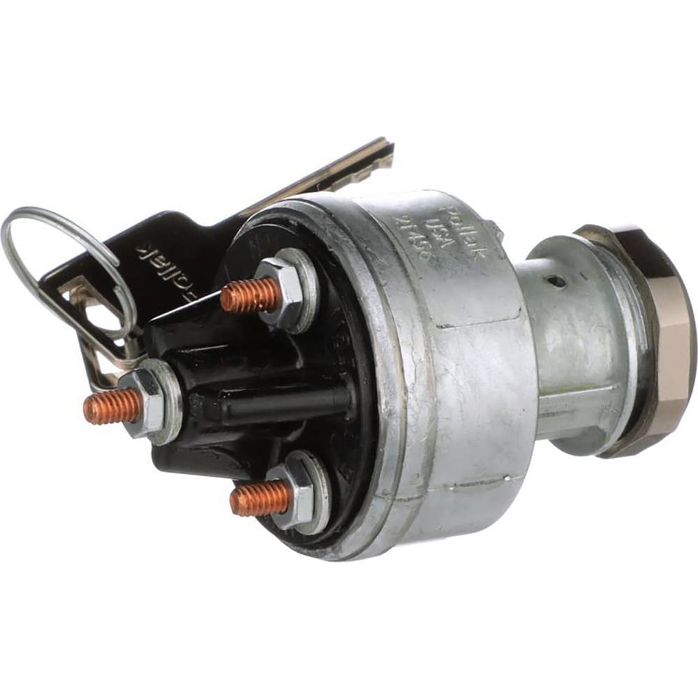 Automotive Switches; Switch Type: Ignition Switch-12v; Number Of Connections: 4; Contact Form: 10-32 Stud; Sequence: ACC-Off-On/ACC-Start; Amperage: 30; Voltage: 12; Color: Gray; Actuator Type: Key Manual