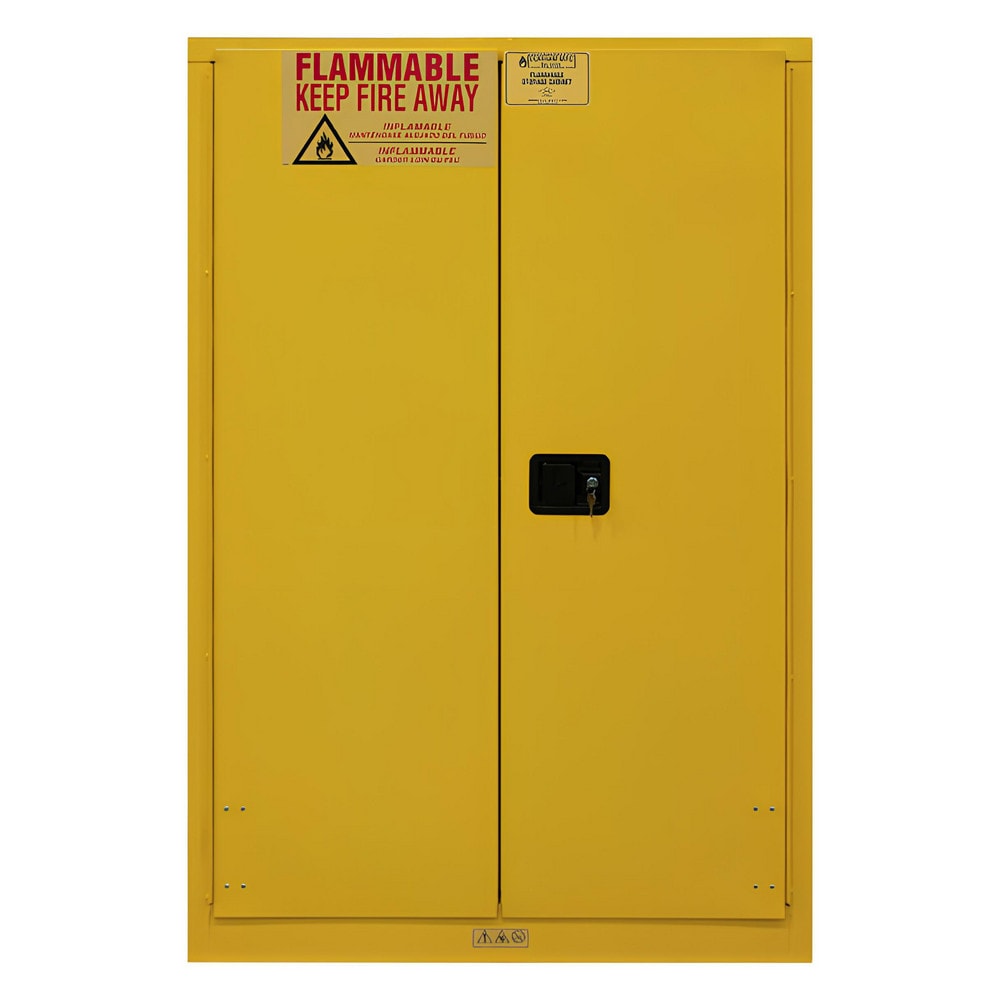 Flammable & Hazardous Storage Cabinets:  45.000 gal Drum, 2.000 Door,  2 Shelf,  Manual Closing,  Safety Yellow