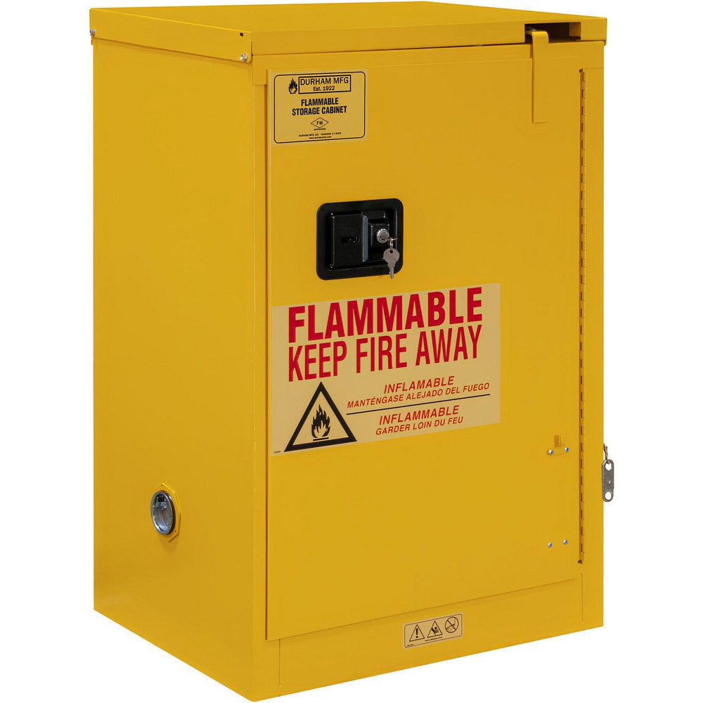 Flammable & Hazardous Storage Cabinets:  12.000 gal Drum, 1.000 Door,  1 Shelf,  Self Closing,  Safety Yellow