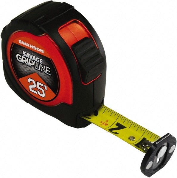 Tape Measure: 25' Long, 1-1/16" Width, Yellow Blade