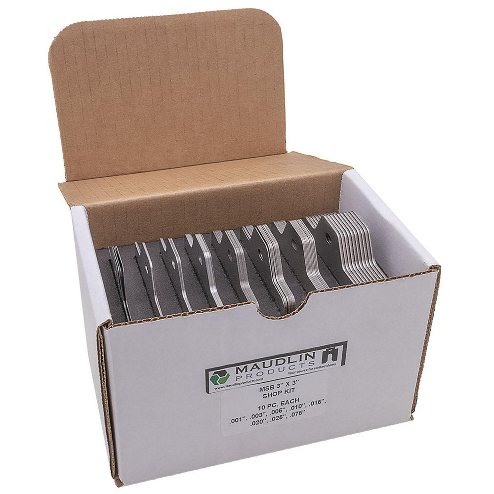 Shim Stock Sets; Product Type: Slotted Shim; Material: Stainless Steel; Material Grade: Type 302/304; Overall Length (Inch): 5; Width (Inch): 1-5/8; Number Of Pieces: 80; Slot Width (Inch): 5; Assortment Thicknesses (Decimal Inch): (10) Each: 0.001;0.003;