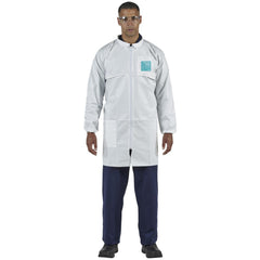 Coat: Liquid & Particulate Biological Hazards, 63 oz Material, Size Large, Microporous Polyethylene Laminate Non-Woven