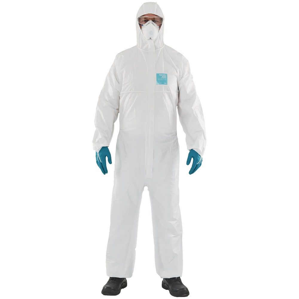 Disposable Coveralls: Size 4X-Large, 0.5382 oz, Microporous Polyethylene Laminate Non-Woven, 2-Way Zipper with Storm Flap, Finger Loops & Elastic Closure