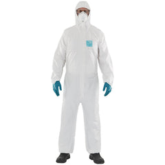 Disposable Coveralls: Size 5X-Large, 0.5382 oz, Microporous Polyethylene Laminate Non-Woven, 2-Way Zipper with Storm Flap, Finger Loops & Elastic Closure