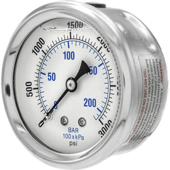 Pressure Gauge: 2-1/2" Dial Dia, 0 to 3,000 psi, 1/4" MNPT, Center Back Mount