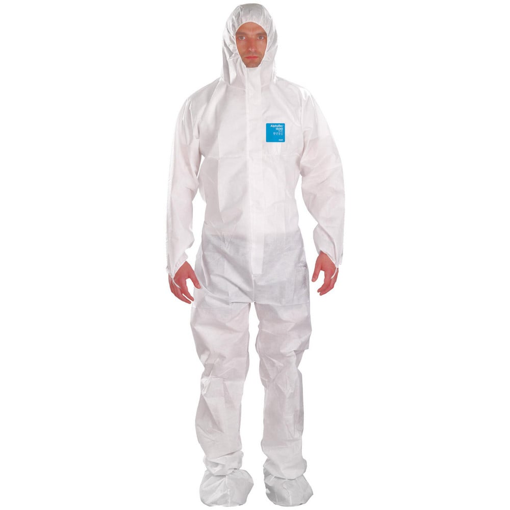 Disposable Coveralls: Size X-Large, 0.7064 oz, SMS, 2-Way Zipper with Storm Flap, Finger Loops & Elastic Closure