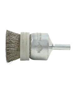 1″ Diameter × 1/4″ Shank Diameter × 7/8″ Trim Length, 0.020″ Crimped Bristle, Stainless Steel, Solid End - Banded Brush