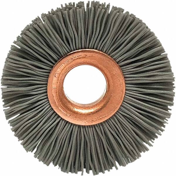 Brush Research Mfg. - 1-1/4" OD, 3/8" Arbor Hole, Crimped Abrasive Nylon Wheel Brush - 5/16" Face Width, 1/4" Trim Length, 20,000 RPM - Benchmark Tooling