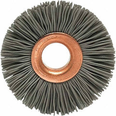 Brush Research Mfg. - 1-1/4" OD, 3/8" Arbor Hole, Crimped Abrasive Nylon Wheel Brush - 5/16" Face Width, 1/4" Trim Length, 20,000 RPM - Benchmark Tooling