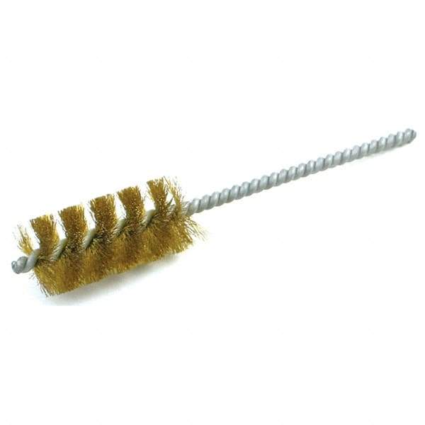 Brush Research Mfg. - 9/16" Diam Helical Brass Tube Brush - Single Spiral, 0.005" Filament Diam, 1-1/2" Brush Length, 5" OAL, 0.19" Diam Galvanized Steel Shank - Benchmark Tooling