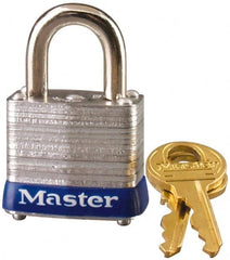 Master Lock - 9/16" Shackle Clearance, Keyed Alike General Security Padlock - 3/16" Shackle Diam, Laminated Steel - Benchmark Tooling