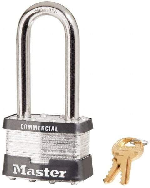 Master Lock - 2-1/2" Shackle Clearance, Keyed Different Padlock - 15/16" Shackle Width, 3/8" Shackle Diam, Laminated Steel - Benchmark Tooling