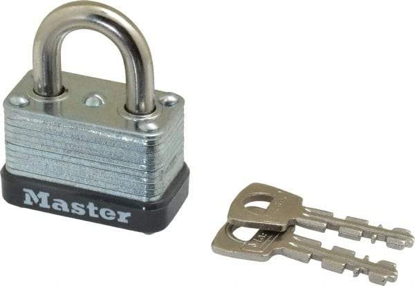 Master Lock - 9/16" Shackle Clearance, Keyed Different Laminated Steel Padlock - 1/4" Shackle Diam, Laminated Steel - Benchmark Tooling