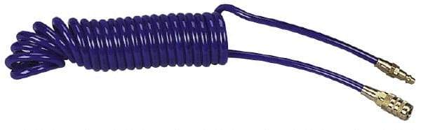 Coilhose Pneumatics - 1/4" ID, 1/4 Thread, 15' Long, Blue Polyurethane Coiled & Self Storing Hose - 125 Max psi, Industrial Interchange Coupler x Plug - Benchmark Tooling