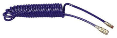 Coilhose Pneumatics - 1/4" ID, 1/4 Thread, 15' Long, Blue Polyurethane Coiled & Self Storing Hose - 125 Max psi, Industrial Interchange Coupler x Male Swivel - Benchmark Tooling