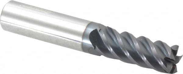 Accupro - 15/32", 1-1/4" LOC, 1/2" Shank Diam, 3" OAL, 5 Flute, Solid Carbide Square End Mill - Single End, AlTiN Finish, Spiral Flute, 45° Helix, Centercutting, Right Hand Cut, Right Hand Flute - Benchmark Tooling