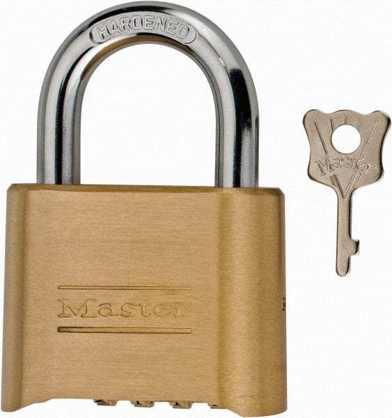 Master Lock - 2" Body Width, 1" Shackle Clearance, Steel & Brass Combination Lock - 5/16" Shackle Diam - Benchmark Tooling