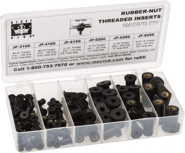 RivetKing 115 Piece #8-32 to 1/4-20 Thread Neoprene Well Nut Assortment 5/16 to 1/2" Body Diam, Includes #10-32 x 3/8, #8-32 x 5/16 & 1/4-20 x 1/2 - Benchmark Tooling