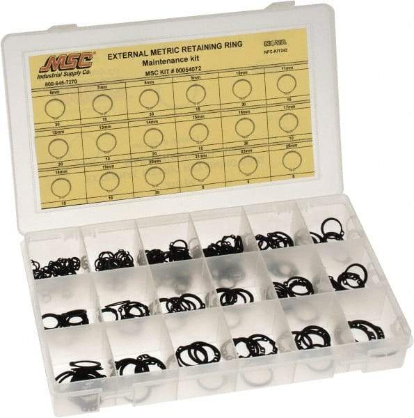 Made in USA - 310 Piece, M6 to M25, Steel, Snap External Retaining Ring Assortment - Includes Compartmented Case, Specification Labels - Benchmark Tooling