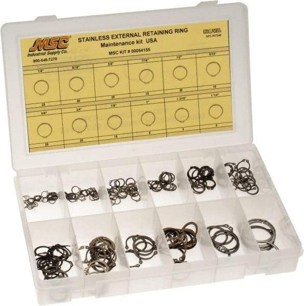 Value Collection - 315 Piece, 1/4 to 1-1/4", Stainless Steel, Snap External Retaining Ring Assortment - Includes Compartmented Case, Specification Labels - Benchmark Tooling