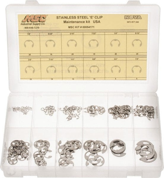 Made in USA - 206 Piece, 1/8 to 7/8", Stainless Steel, E Style External Retaining Ring Assortment - Benchmark Tooling