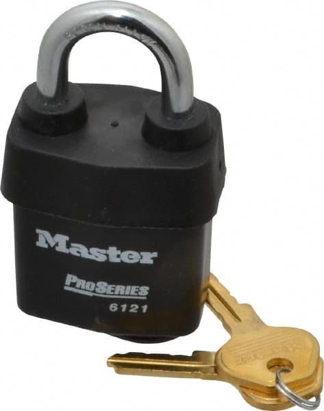 Master Lock - 1-1/8" Shackle Clearance, Keyed Different Pro Series Solid Steel Padlock - 5/16" Shackle Diam, Laminated Steel - Benchmark Tooling