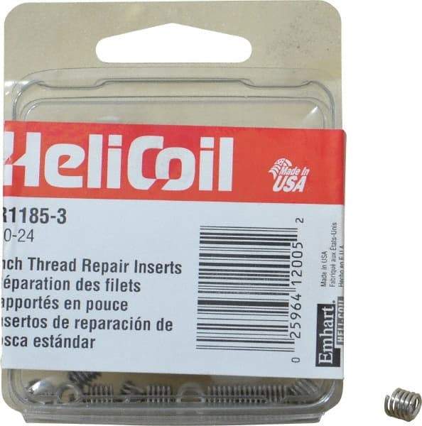 Heli-Coil - #10-24 UNC, 0.285" OAL, Free Running Helical Insert - 5 Free Coils, Tanged, Stainless Steel, Bright Finish, 1-1/2D Insert Length - Benchmark Tooling