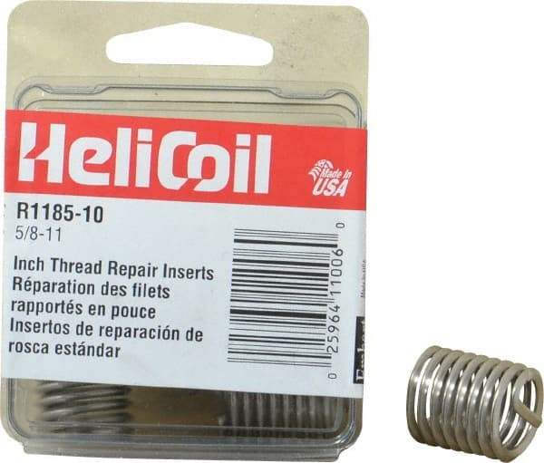 Heli-Coil - 5/8-11 UNC, 0.938" OAL, Free Running Helical Insert - 8-1/2 Free Coils, Tanged, Stainless Steel, Bright Finish, 1-1/2D Insert Length - Exact Industrial Supply