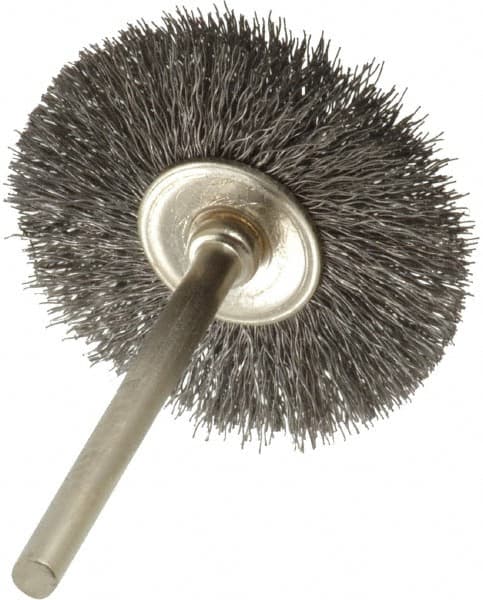 Osborn - 1-1/4" OD, 1/8" Shank Diam, Crimped Steel Wheel Brush - 0.005" Filament Diam, 25,000 RPM - Benchmark Tooling