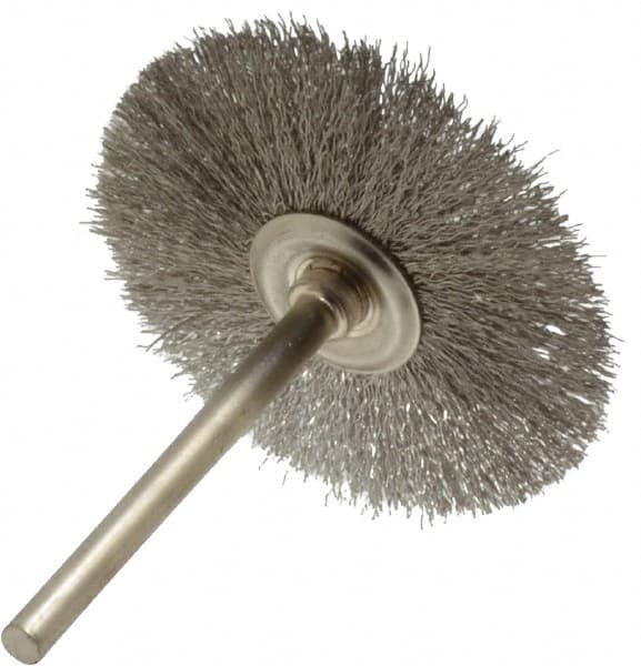 Osborn - 1-1/2" OD, 1/8" Shank Diam, Crimped Stainless Steel Wheel Brush - 0.005" Filament Diam, 25,000 RPM - Benchmark Tooling