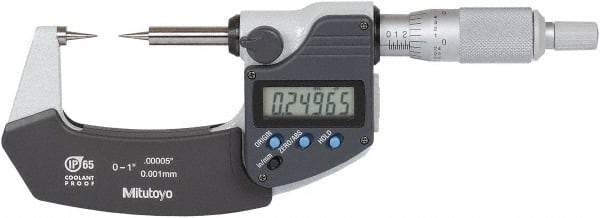 Mitutoyo - 1 Inch, 32mm Throat Depth, Ratchet Stop, Digital Point Micrometer - Accurate Up to 0.0001 Inch, 15° Point Angle - Benchmark Tooling