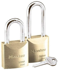 Master Lock - 1-3/16" Shackle Clearance, Keyed Different Pro Series Padlock - 29/32" Shackle Width, 5/16" Shackle Diam, Brass - Benchmark Tooling