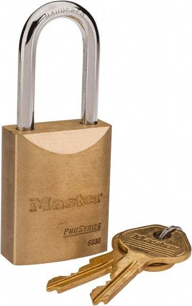 Master Lock - 1-9/16" Shackle Clearance, Keyed Different Pro Series Padlock - 25/32" Shackle Width, 1/4" Shackle Diam, Brass - Benchmark Tooling