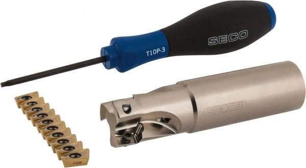 Seco - 1" Cut Diam, 0.433" Max Depth of Cut, 1" Shank Diam, 4" OAL, Indexable Square Shoulder End Mill - XO.X 1204 Inserts, Weldon Shank, 90° Lead Angle, Through Coolant, Series Super Turbo - Benchmark Tooling