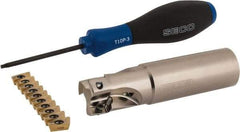 Seco - 1" Cut Diam, 0.433" Max Depth of Cut, 1" Shank Diam, 4" OAL, Indexable Square Shoulder End Mill - XO.X 1204 Inserts, Weldon Shank, 90° Lead Angle, Through Coolant, Series Super Turbo - Benchmark Tooling