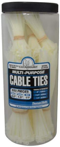 Thomas & Betts - 4 to 11 Inch Range, White Cable Ties - 3 Inch Bundle Diameter, 18, 40 and 50 Lb. Strength, Nylon - Benchmark Tooling