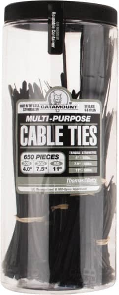 Thomas & Betts - 4 to 11 Inch Range, Black Cable Ties - 3 Inch Bundle Diameter, 18, 40 and 50 Lb. Strength, Nylon - Benchmark Tooling