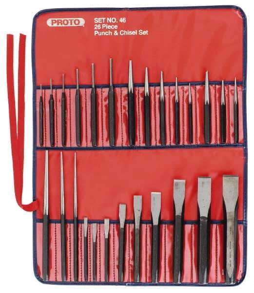 Proto - 26 Piece Punch & Chisel Set - 1/4 to 7/8" Chisel, 3/8 to 1/4" Punch, Round Shank - Benchmark Tooling