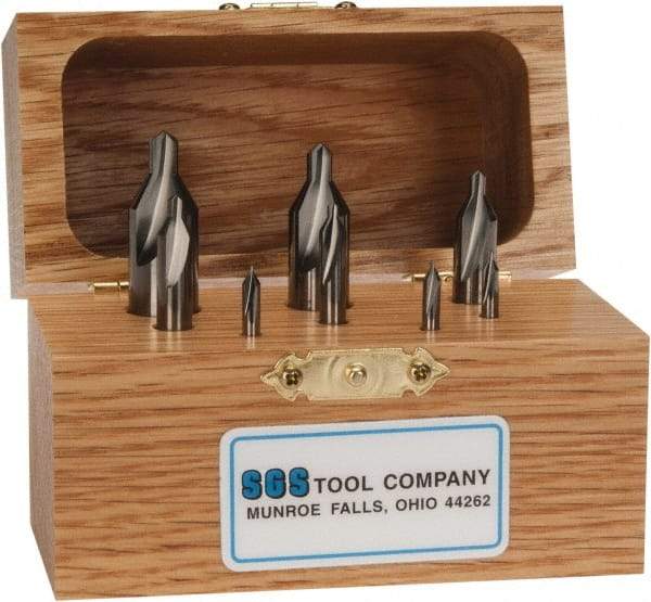 SGS - 8 Piece, #00 to 6, 1/8 to 1/2" Body Diam, 1/32 to 7/32" Point Diam, Plain Edge, Solid Carbide Combo Drill & Countersink Set - 60° Incl Angle, 1-1/2 to 3" OAL, Double End, 301 Series Compatibility - Benchmark Tooling