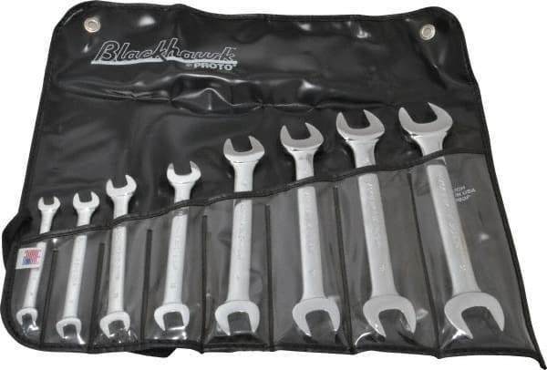 Blackhawk by Proto - 8 Piece, 6mm x 7mm to 20mm x 22mm, Open End Wrench Set - Metric Measurement Standard, Full Polish Finish, Comes in Vinyl Roll - Benchmark Tooling