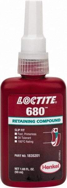 Loctite - 50 mL Bottle, Green, High Strength Liquid Retaining Compound - Series 680, 24 hr Full Cure Time, Heat Removal - Benchmark Tooling