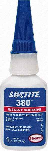 Loctite - 1 oz Bottle Black Instant Adhesive - Series 380, 90 sec Fixture Time, 24 hr Full Cure Time, Bonds to Metal, Plastic & Rubber - Benchmark Tooling