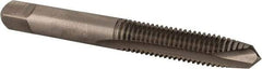 Made in USA - M8x1.25 Metric Coarse, 2 Flute, Bright Finish, High Speed Steel Spiral Point Tap - Plug Chamfer, Right Hand Thread, 2-23/32" OAL, 1-1/8" Thread Length, 0.318" Shank Diam, 6H Class of Fit - Exact Industrial Supply
