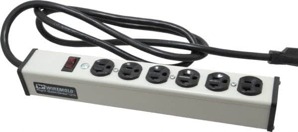 Wiremold - 6 Outlets, 120 Volts, 20 Amps, 6' Cord, Power Outlet Strip - Free Hanging Mount, 5-20 NEMA Configuration, 13-1/4" Strip, cULus Listed - Benchmark Tooling