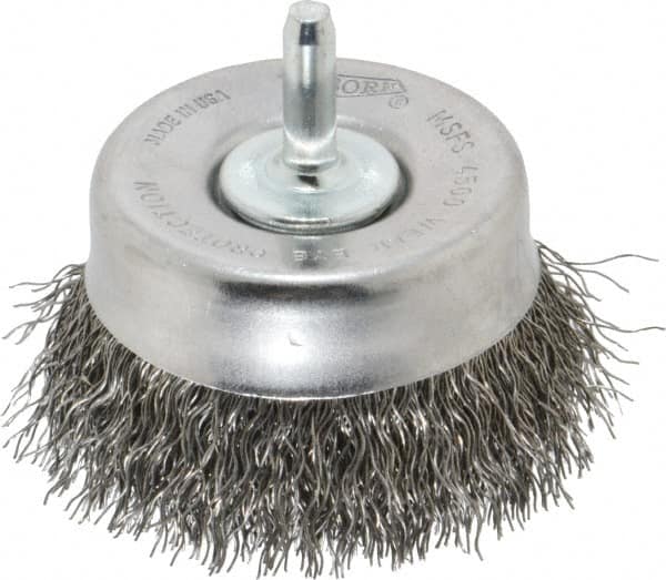 Osborn - 2-1/2" Diam, 1/4" Shank Diam, Steel Fill Cup Brush - 0.014 Wire Diam, 5/8" Trim Length, 4,500 Max RPM - Benchmark Tooling