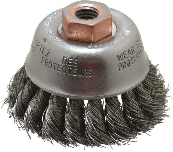 Osborn - 2-3/4" Diam, 1/2-13 Threaded Arbor, Steel Fill Cup Brush - 0.014 Wire Diam, 14,000 Max RPM - Benchmark Tooling