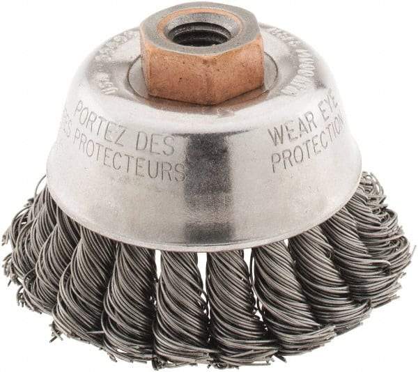 Osborn - 2-3/4" Diam, 1/2-13 Threaded Arbor, Steel Fill Cup Brush - 0.02 Wire Diam, 14,000 Max RPM - Benchmark Tooling