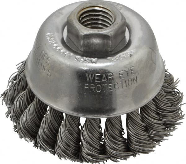 Osborn - 2-3/4" Diam, 5/8-11 Threaded Arbor, Steel Fill Cup Brush - 0.02 Wire Diam, 14,000 Max RPM - Benchmark Tooling